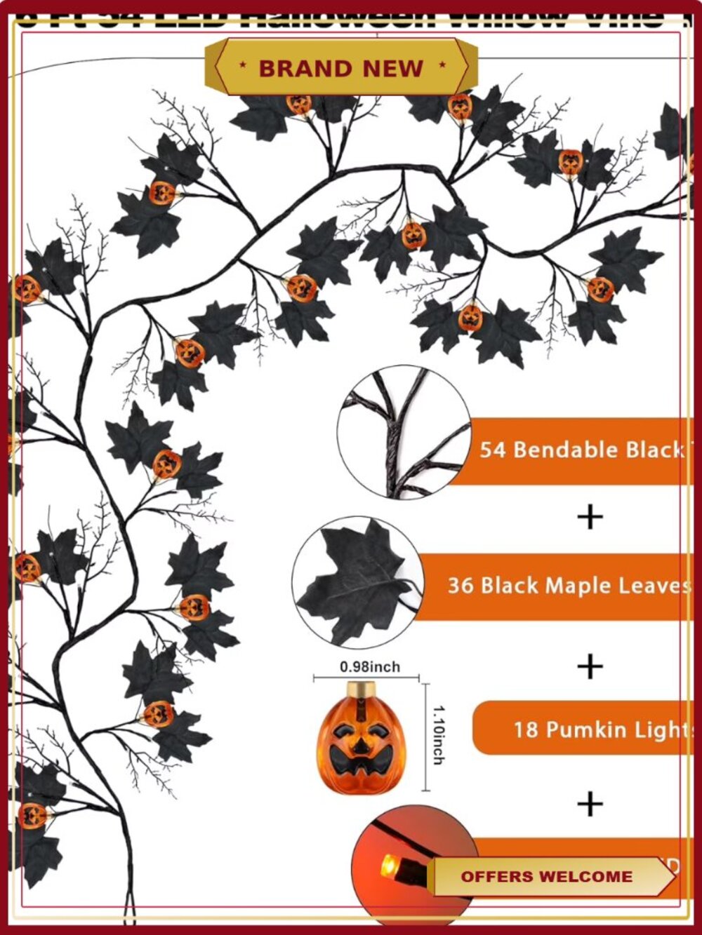 6FT Halloween Willow Vine Lights 54 LED 8 Modes Waterproof Battery Operated - Picture 5 of 6